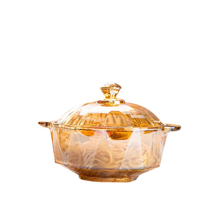 Diamond pot, amber crystal glass pot, covered instant noodle bowl, salad bowl, covered double-ear pot, diamond-shaped amber pot Item Picture