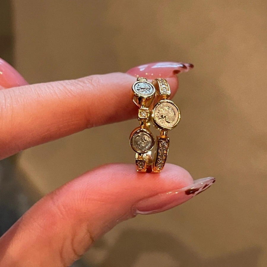 Vintage double-layer Athena three ancient coins ring, a light luxury and niche design for women, a high-end index finger ring full figure