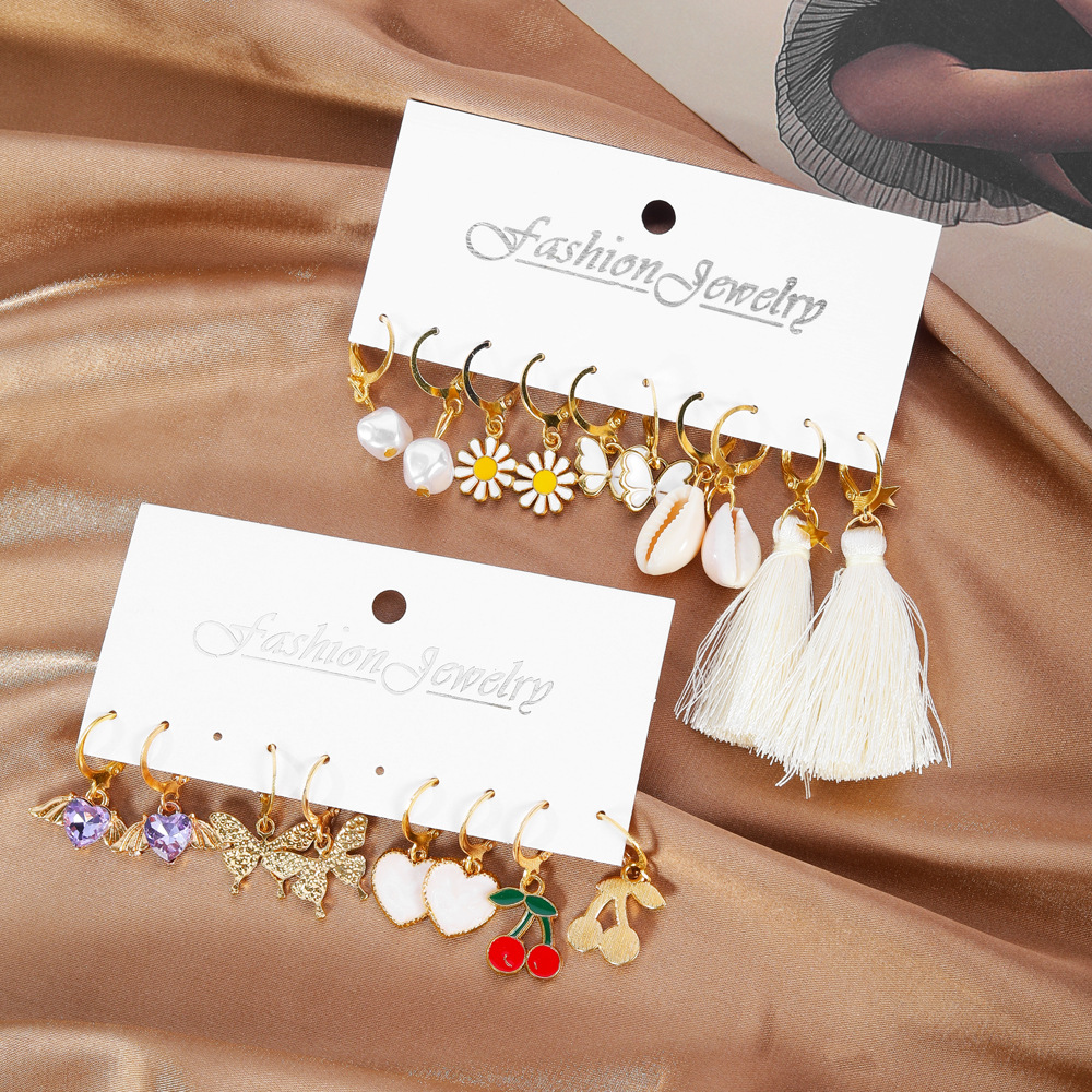 Wholesale of European and American cross-border accessories, fashionable tassel shell earrings, versatile for women's charm, diamond-encrusted cherry small butterfly stud earrings Specification drawing