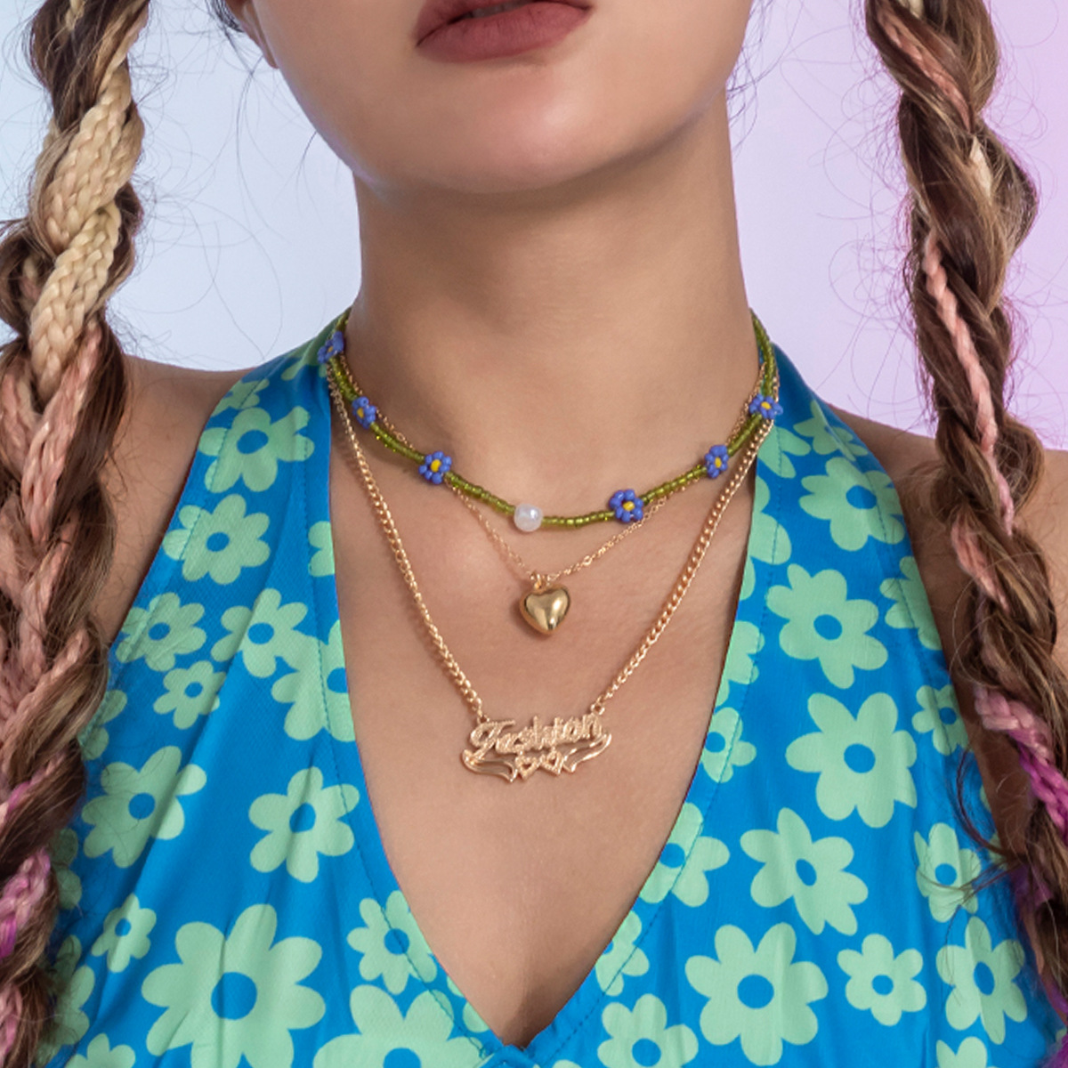 Retro imitation pearl stacked rice bead sweet collarbone chain necklace, European and American punk style heart letter pendant necklace for women details Picture