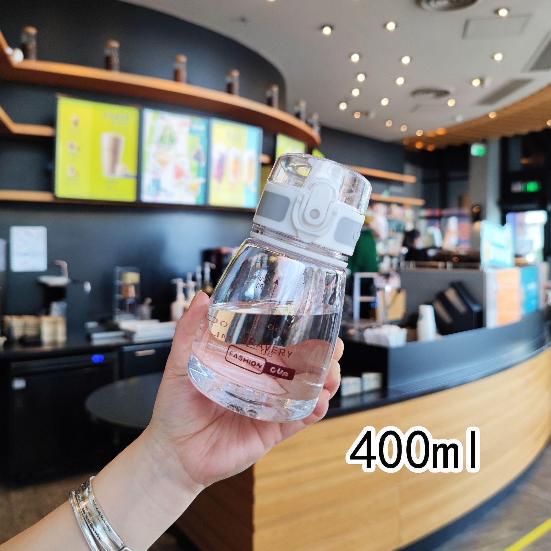Wholesale summer direct drinking plastic water cups with pop-up LIDS, carrying rope straps, live-streaming sales, mini 400ml portable water bottles Specification drawing