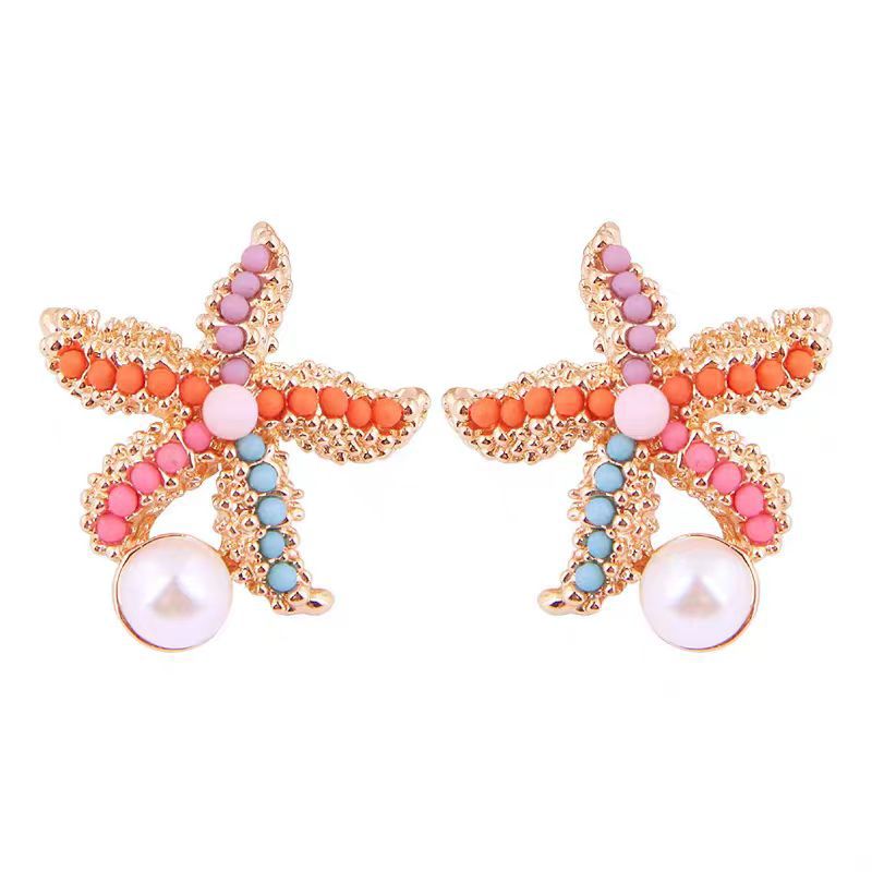 Island coral, colorful starfish, pearl, silver needle stud earrings, sweet and unique earrings for women's seaside vacation Item Picture