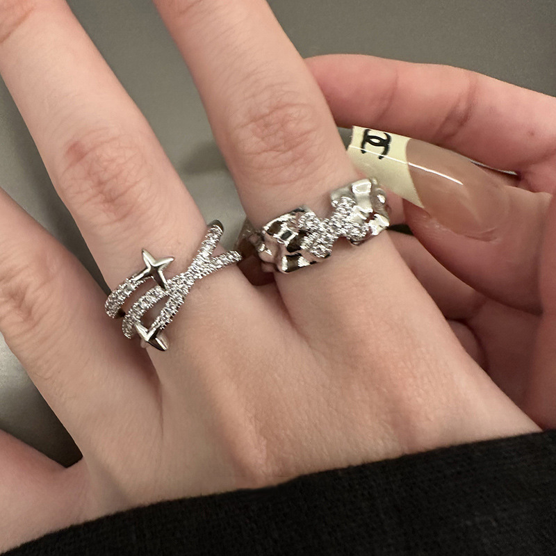 ins Cold style personality star cross letter zircon open ring, women's niche design sense light luxury index finger ring full figure