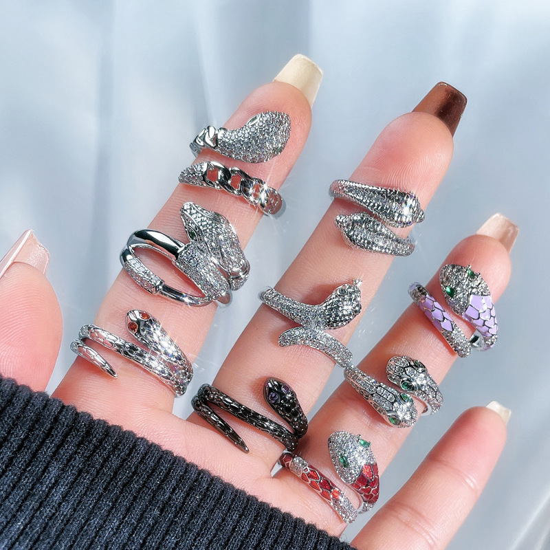 French light luxury high-end snake-shaped individual open ring, punk style, sweet, cool, fashionable and exquisite index finger ring trend full figure
