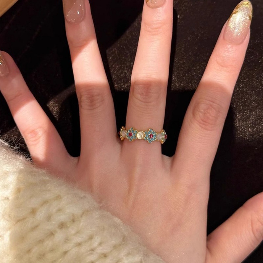 New Chinese-style blue drop enamel flower ring for women, light luxury, retro and high-end, ice-transparent chalcedony index finger ring Specification drawing