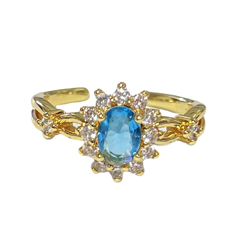 French retro blue lover's exquisite and high-end ring, women's sunflower oval zircon small and versatile index finger ring Item Picture