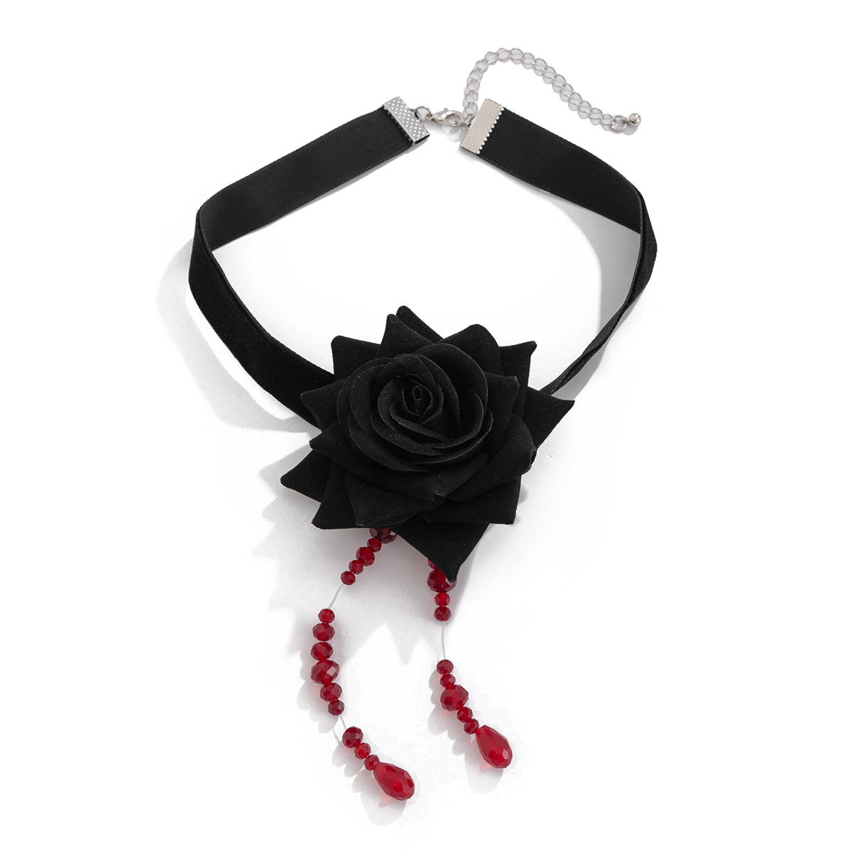 European and American cross-border accessories, retro rose velvet tie necklace, dark style imitation crystal tassel collarbone chain for women Item Picture