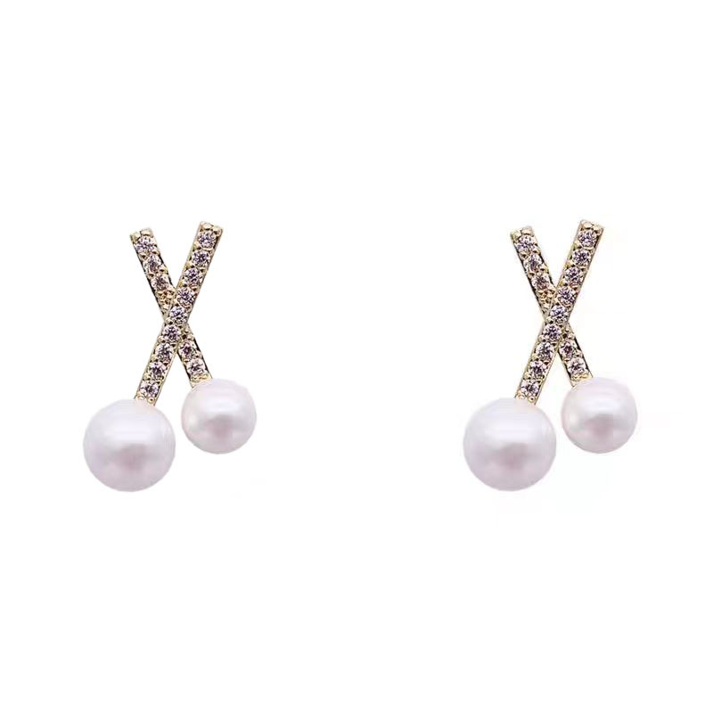 Cross-zircon pearl stud earrings 2025 New bestseller Exquisite earrings, women's niche design sense light luxury fashion earrings Item Picture