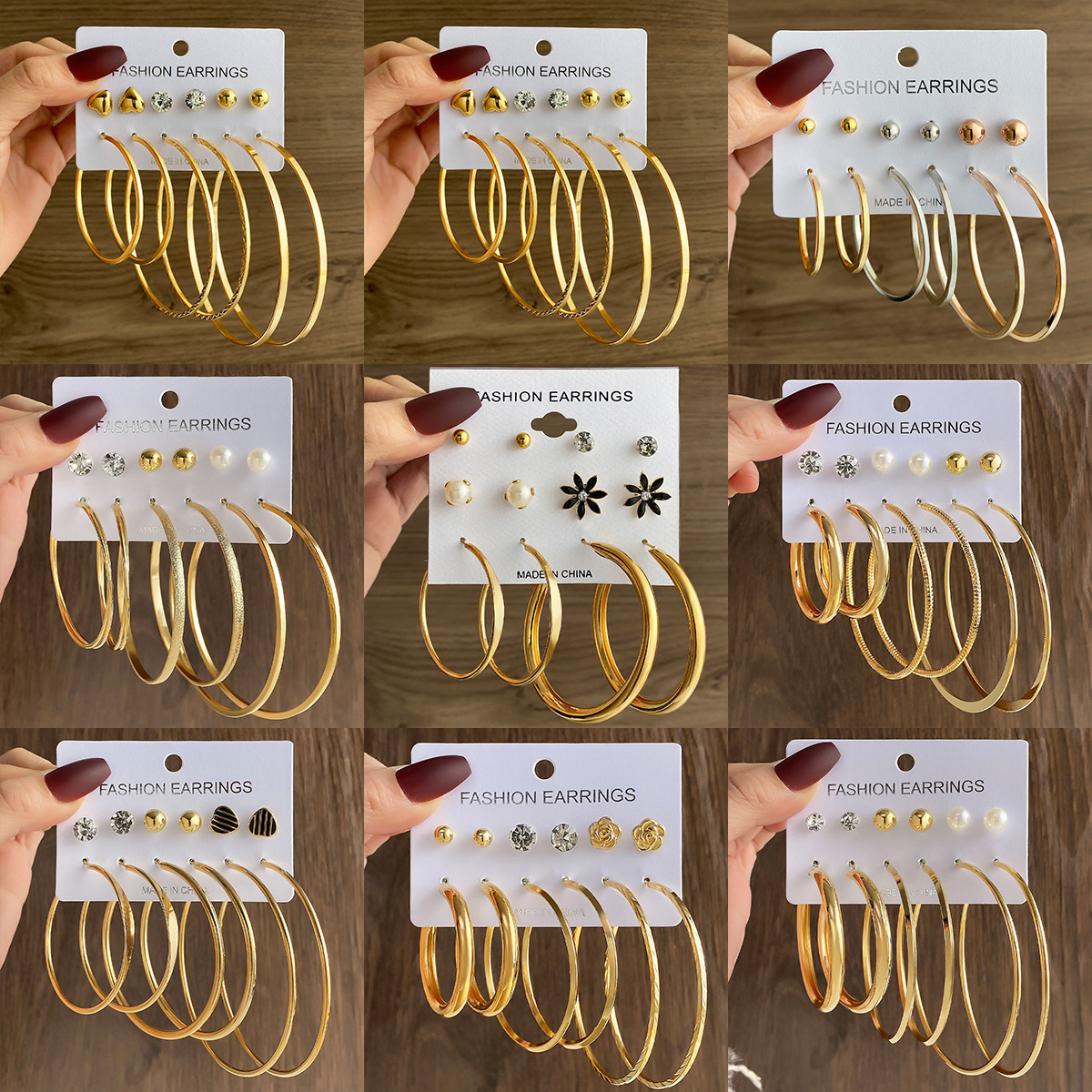 Fashionable commuting large circle ear ring earrings, heart-shaped stud earrings, simple geometric coil metal clip earrings set full figure