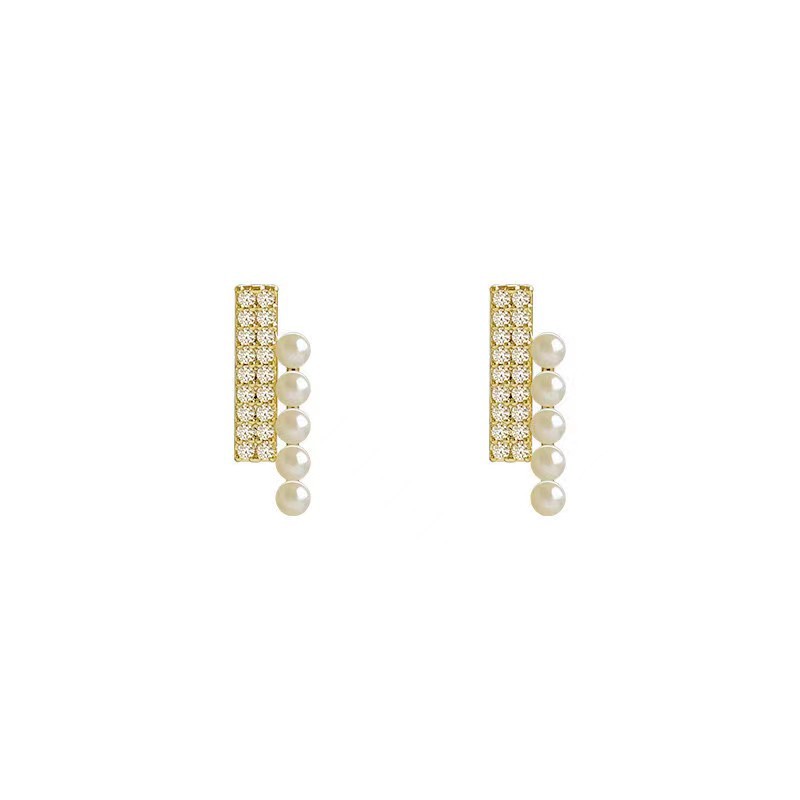 Japanese and Korean Instagram trendy and simple double-row diamond-encrusted pearl stud earrings for women, simple and versatile, high-end, light luxury and niche earrings Item Picture
