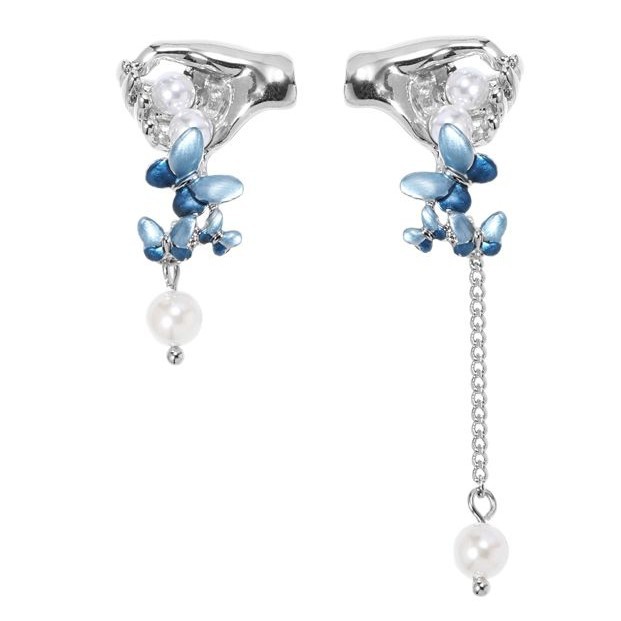 Original blue butterfly and hand earrings, women's silver needle 925 earrings, high-end Korean-style Instagram versatile and novel earrings Item Picture