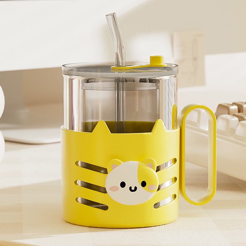 Double-layered glass cups with handles, cartoon printed straw cups, cute breakfast cups, gift water cups, milk straw cups details Picture