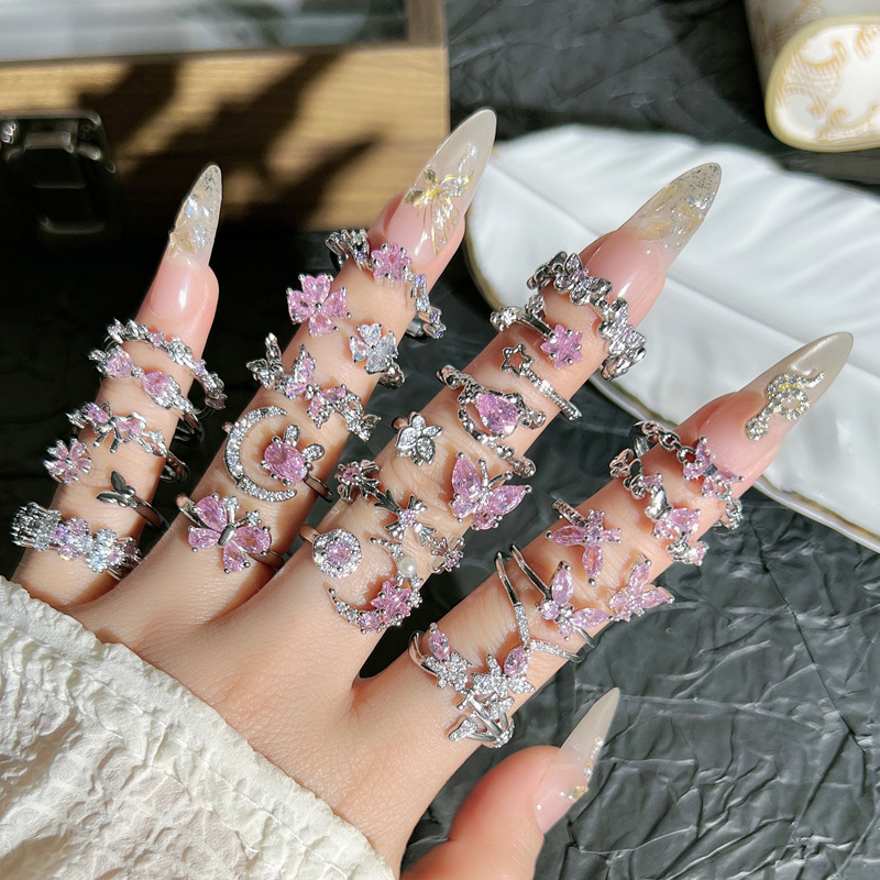 Exquisite and sweet, girlish pink diamond butterfly opening ring, Korean style, elegant and fashionable, cold style, versatile ring trend details Picture