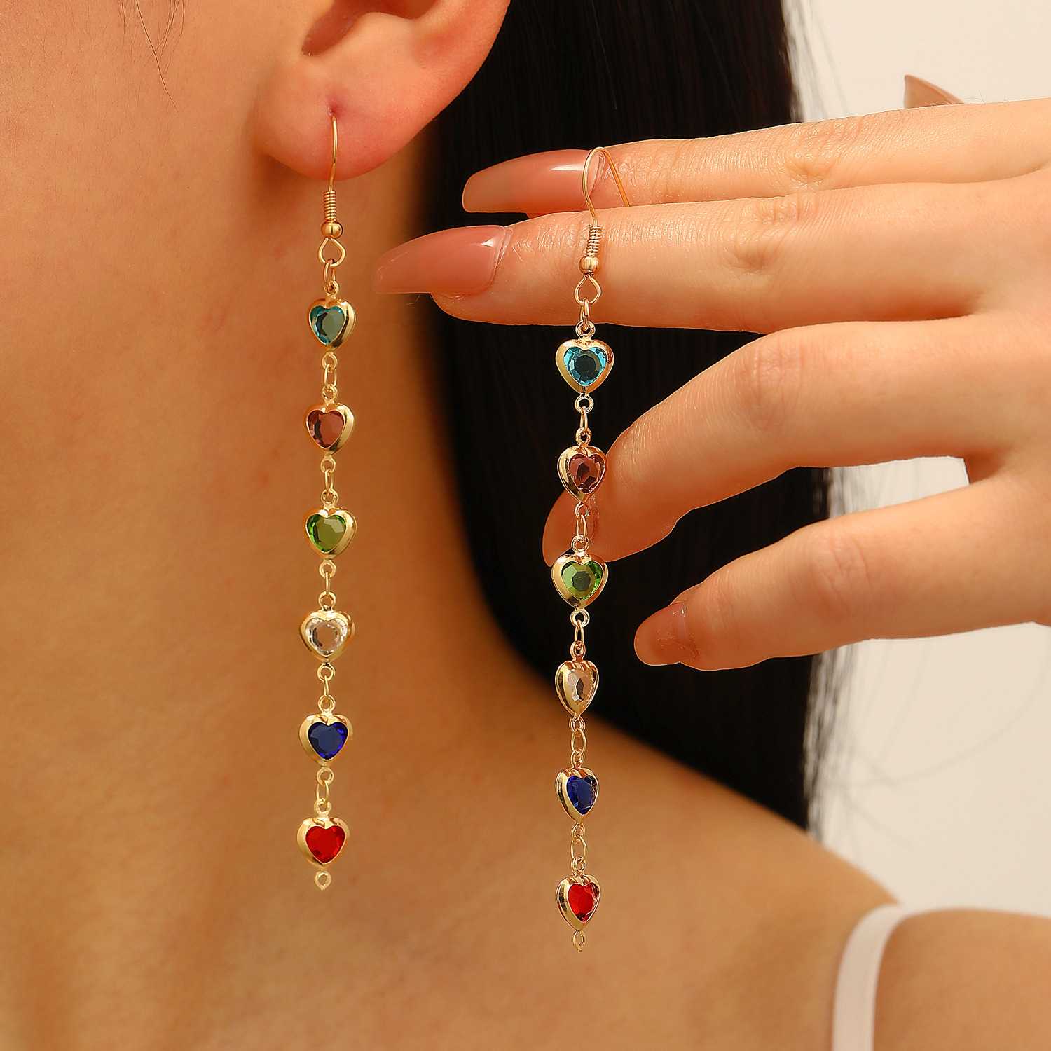Cross-border colored water drop tassel earrings, heart-shaped fashionable colored diamond sweet long earrings, light luxury and high-end earrings for women full figure