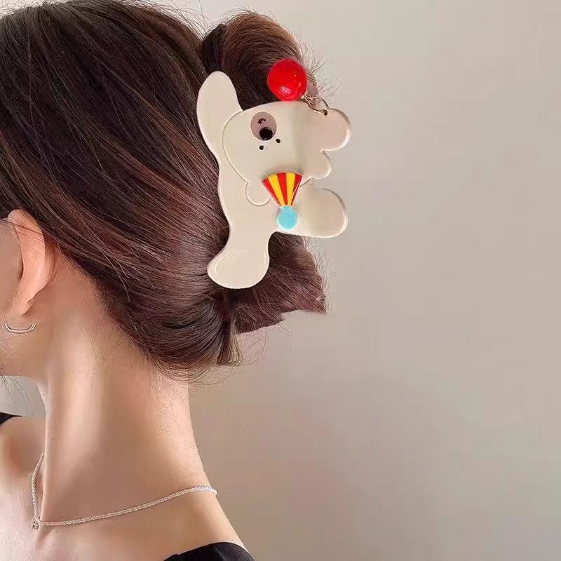 Korean white bear claw clip for women, high-end and exquisite semi-tied hair, acetate hair clip, shark clip hair clip, elegant hair accessory details Picture