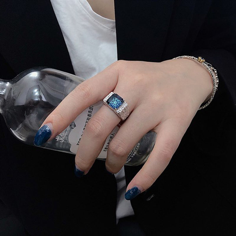Heavy industry texture blue zircon ins cold style personalized ring, women's high-end irregular love personalized ring trend details Picture