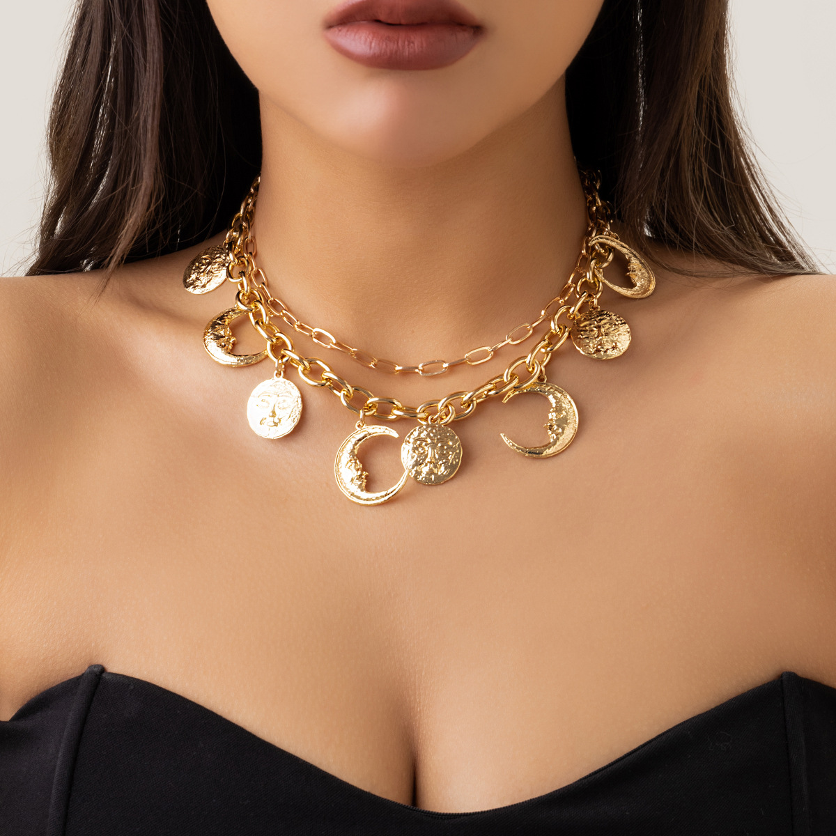 Exaggerated geometric sweet and cool style personalized necklaces from Europe and America, star and moon tassels, human figure pendants, metal necklaces details Picture