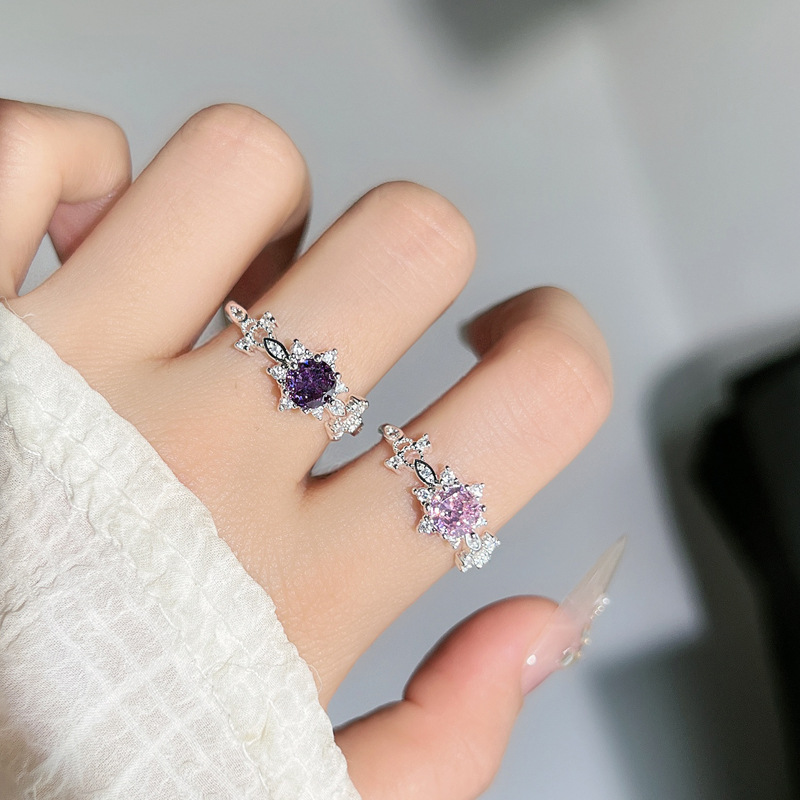 A sweet and fashionable new style of pink, purple and diamond layered light luxury open ring for women, simple and individual, niche micro-set trendy ring full figure