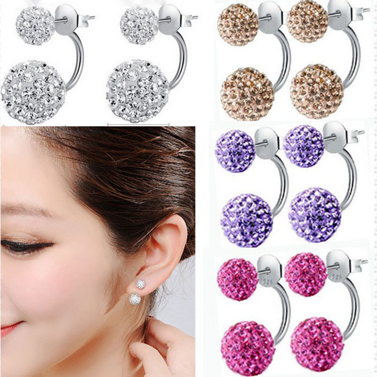 Silver-plated crystal ball stud earrings, Korean style exquisite earrings, back-hanging Shambhala diamond ball fashionable earrings wholesale full figure