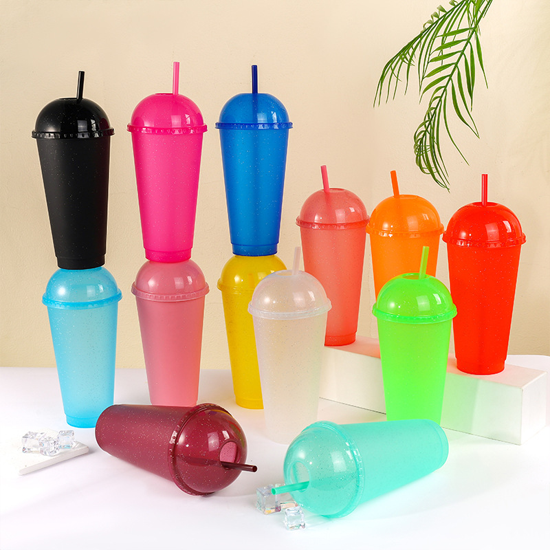 Wholesale of cross-border exclusive fashionable straw cups, arched lid straight drinking cups, milk tea beverage cups, glitter multi-color PP water cups full figure