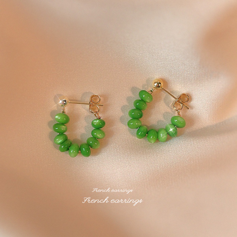 Douyin's same style recommendation ~ Retro light luxury green cat's eye stone, niche design sense, high-quality earrings, one-piece consignment Specification drawing