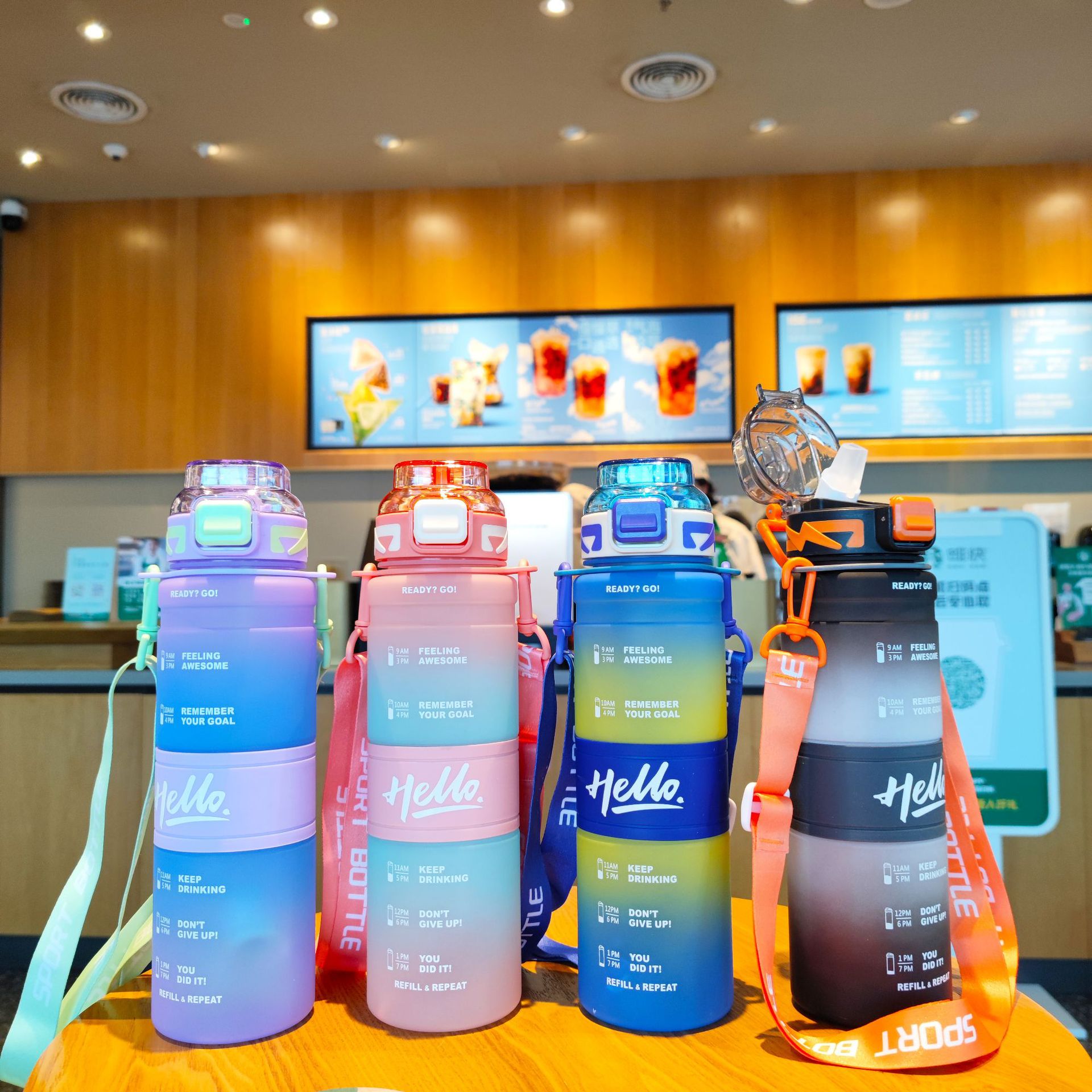 Wholesale 1000ml high appearance level straw cup, plastic water cup, portable shoulder strap straw water bottle, student gradient color water bottle details Picture