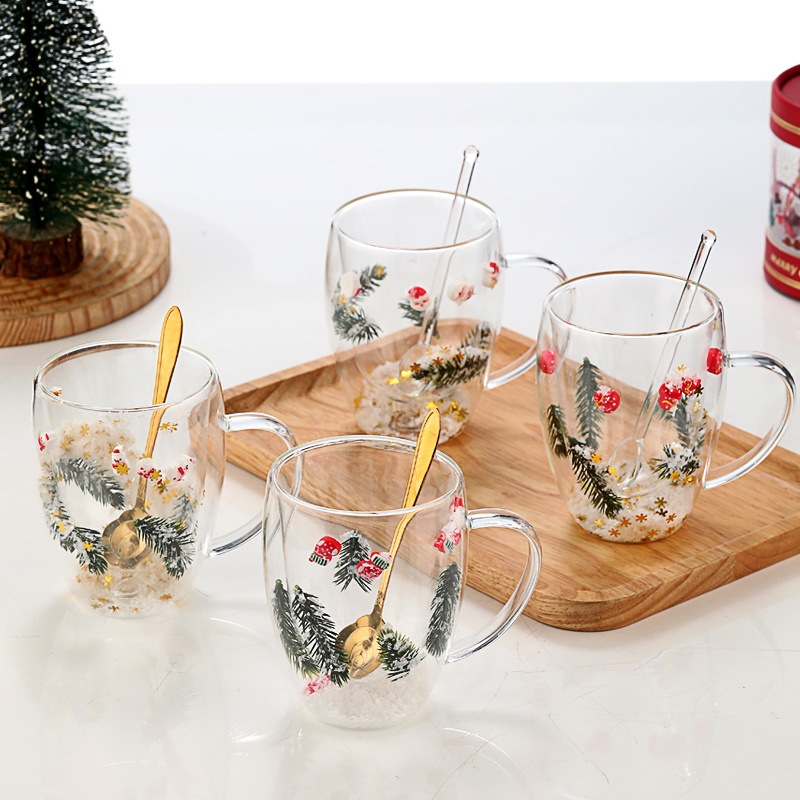 Customized high borosilicate glass double-layer coffee cups with handles and spoons, water cups with high appearance level, Christmas creative cups wholesale Application Scenario