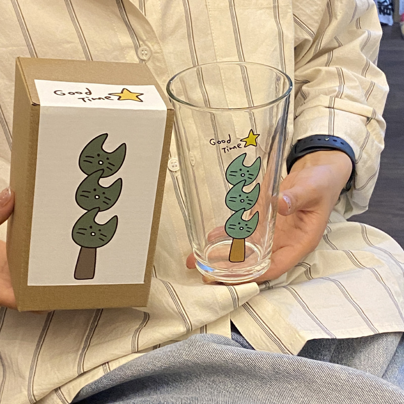 Homemade retro cartoon fun cat glass cups, juice cups, cute ancient-style dog cold drink cups, large gifts Specification drawing
