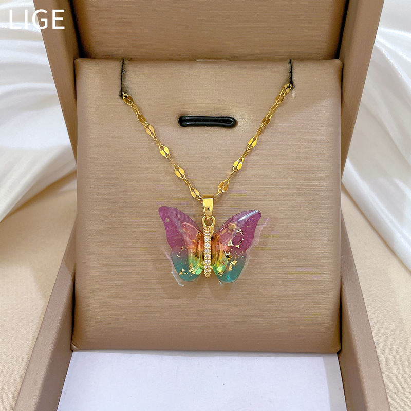 【 Titanium Steel 】 Colorful butterfly, personalized, fashionable, light luxury, elegant and luxurious, full diamond necklace, versatile for women, collarbone chain, titanium steel Application Scenario