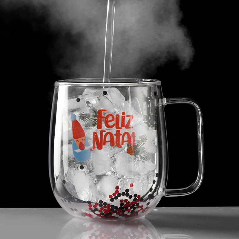 Wholesale high borosilicate glass cups, double-layer insulated water cups, household cups with handles, high appearance level Christmas cups, welfare products details Picture
