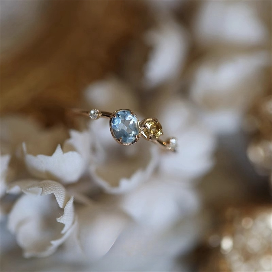 Sea salt, ice lemon water, yellow crystal, sapphire ring, Japanese style, light luxury, high-end, niche design, versatile open ring full figure