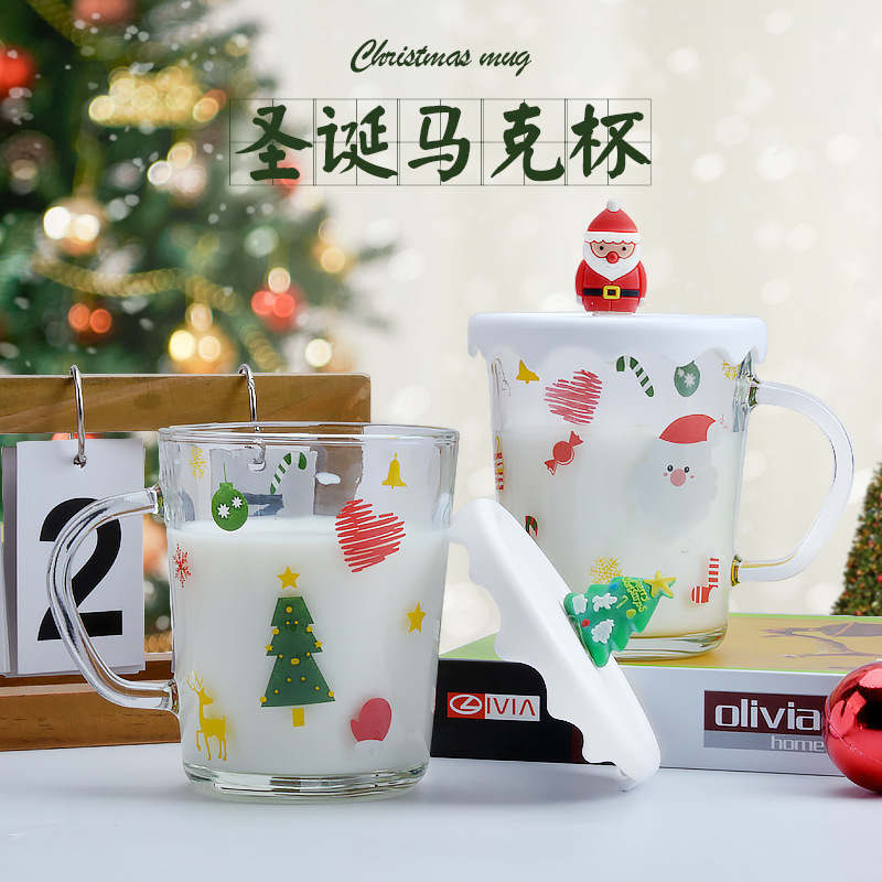 Cute Christmas glass water cup, creative cartoon mug, company opening event gift cup, covered cup details Picture