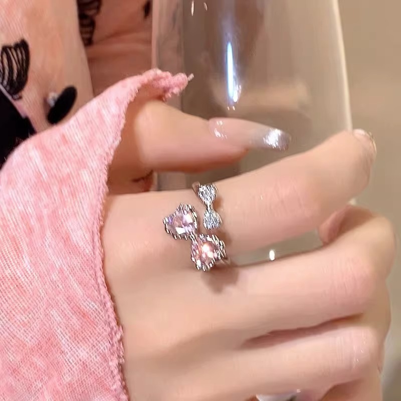 Sweet and cool pink diamond bow open ring, women's light luxury and elegant index finger ring, niche design, high-end and fashionable ring Specification drawing