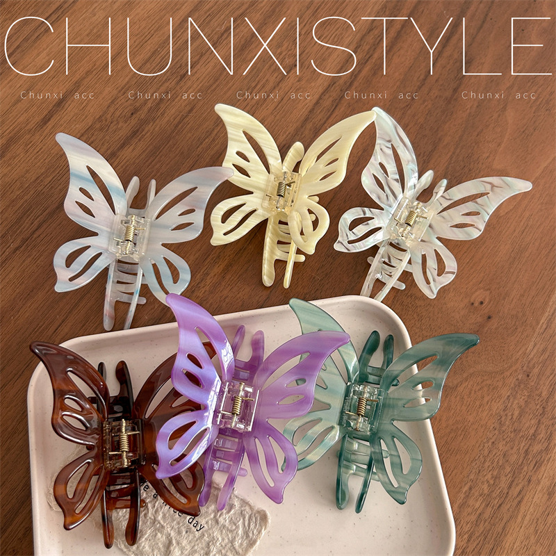 Fashionable large-sized grabber, sweet and colorful butterfly hairpin, high-end acetate board shark clip, hairpin clip headwear for women details Picture