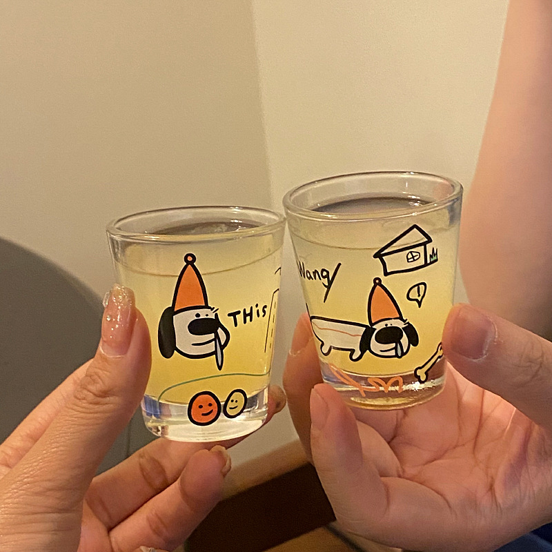 Japanese-style sake glasses, cartoon cute runny dog glass cups, small wine glasses, juice couple cups gift set Specification drawing