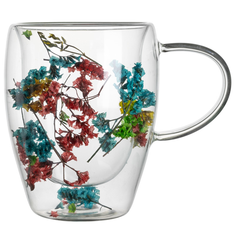 Double-layer coffee cups, household glass cups, high-temperature resistant and anti-scald water cups, dried flower mugs, exquisite latte cups wholesale Item Picture
