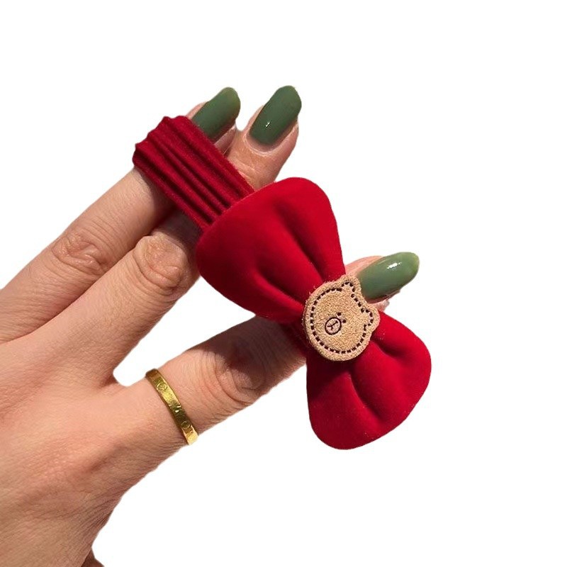 Red bow tie hair band for the New Year, New Year headwear, high-elasticity rubber band ponytail hair tie, children's festive hair accessories Item Picture
