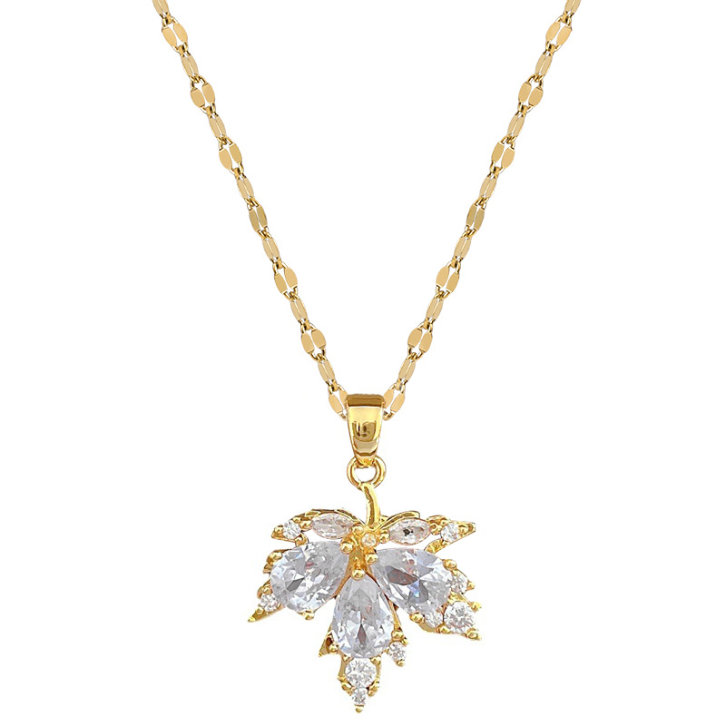 【 Titanium Steel 】 Micro-inlay necklace and earring set, light luxury Maple leaf Full diamond, personalized and elegant banquet earrings and necklaces combination Item Picture