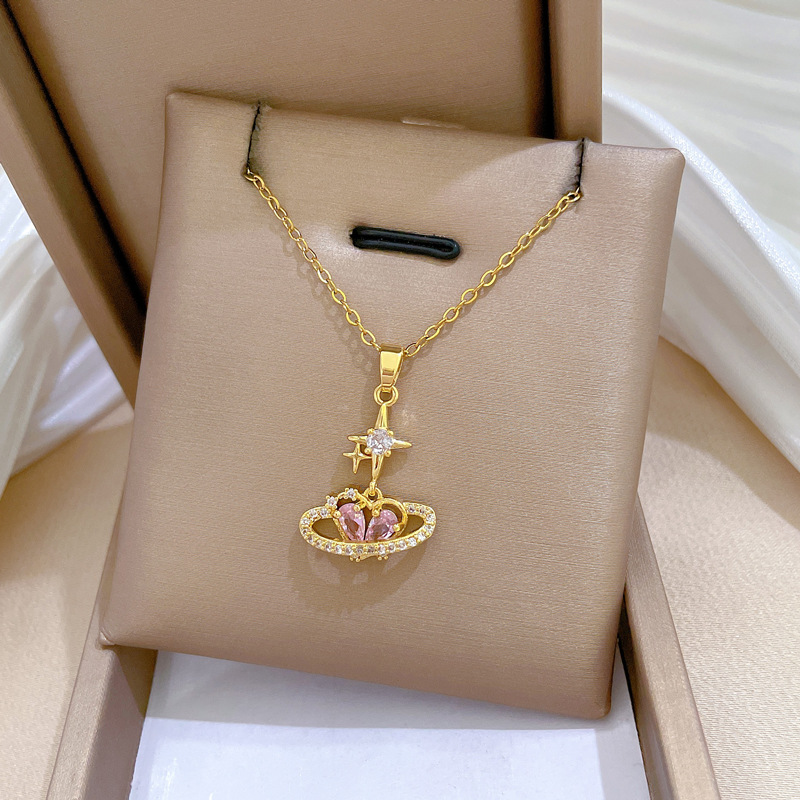【 Titanium Steel 】 Heart-shaped starry Light Diamond, luxurious and elegant, full diamond necklace, versatile collarbone chain, titanium steel chain Specification drawing