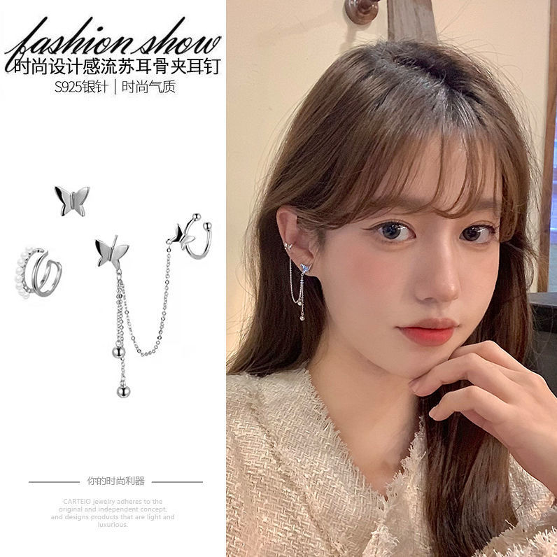 Three-piece set of ear bone clips, pearl butterfly ear studs, women's 2025 new trendy earrings, niche design sense, elegant earrings details Picture