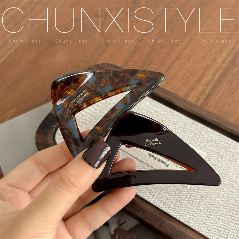 Korean france triangular gripper, medium-sized acetate hairpin, updo, high-end, niche shark clip headwear and hair accessory Application Scenario