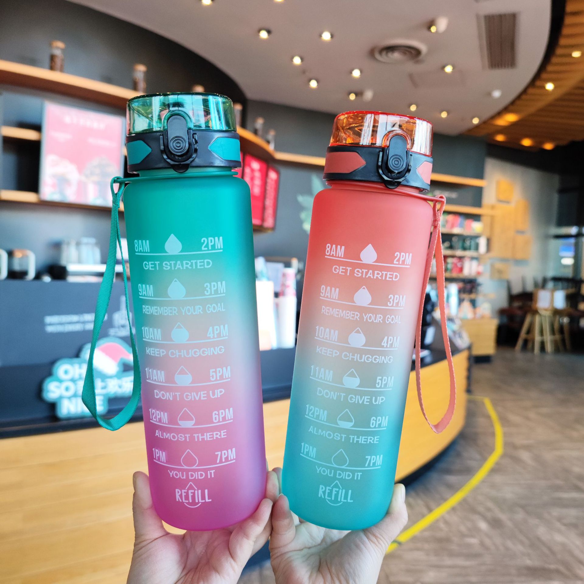 Gradient color water bottle, frosted space cup, portable drawstring, bouncy lid cup, 1000ml outdoor fitness sports water bottle full figure