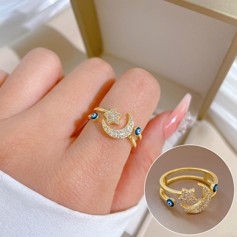 【 Real gold electroplating 】 Open star and moon fashion slightly inlaid light luxury ring index finger ring, the same style as the Internet celebrity, cold style full figure