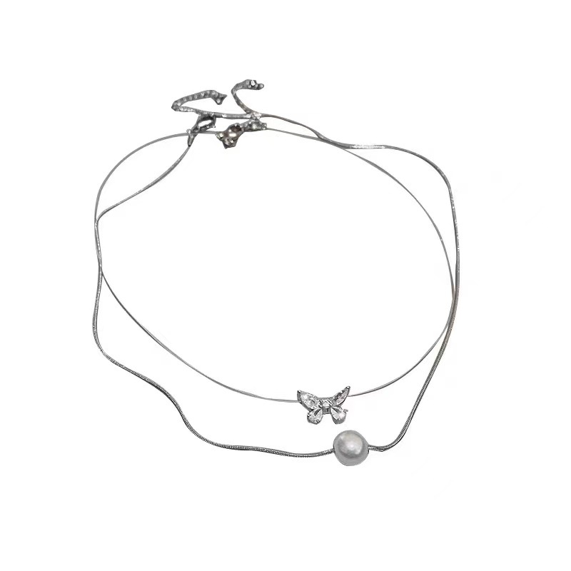 Pearl zircon butterfly necklace 2-piece set, simple Korean design style collarbone chain, fashionable and super ethereal charm necklace for women Item Picture