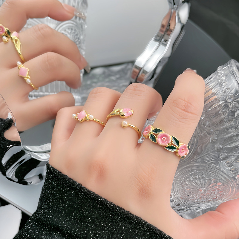 French retro enamel rose flower drop glaze open ring for women's ins cold style sweet cool fashion versatile ring Specification drawing