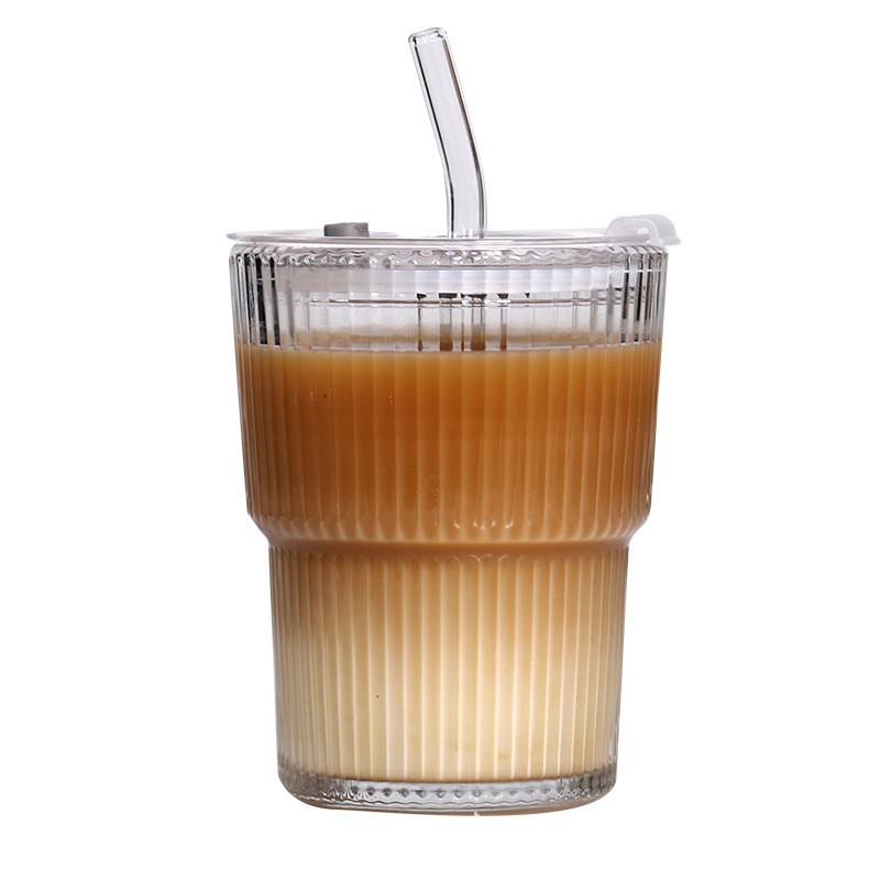 Vertical striped coffee cup, iced Americano latte cup, ins style, high appearance level, covered straw cup, household water cup, glass cup Item Picture