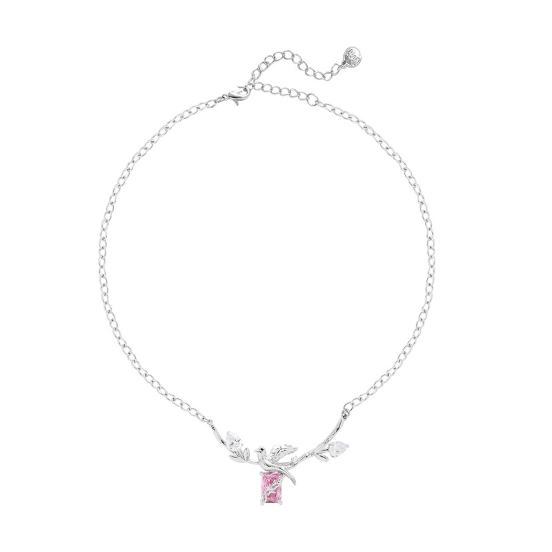 ins Pink zirconium bird necklace accessory for women, sweet and cool summer style zirconium collarbone chain, fashionable and niche design necklace Item Picture