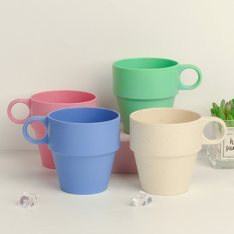 Cross-border wheat water cup, handle cup, home breakfast oat cup, kindergarten children's milk cup, gift round hole cup details Picture
