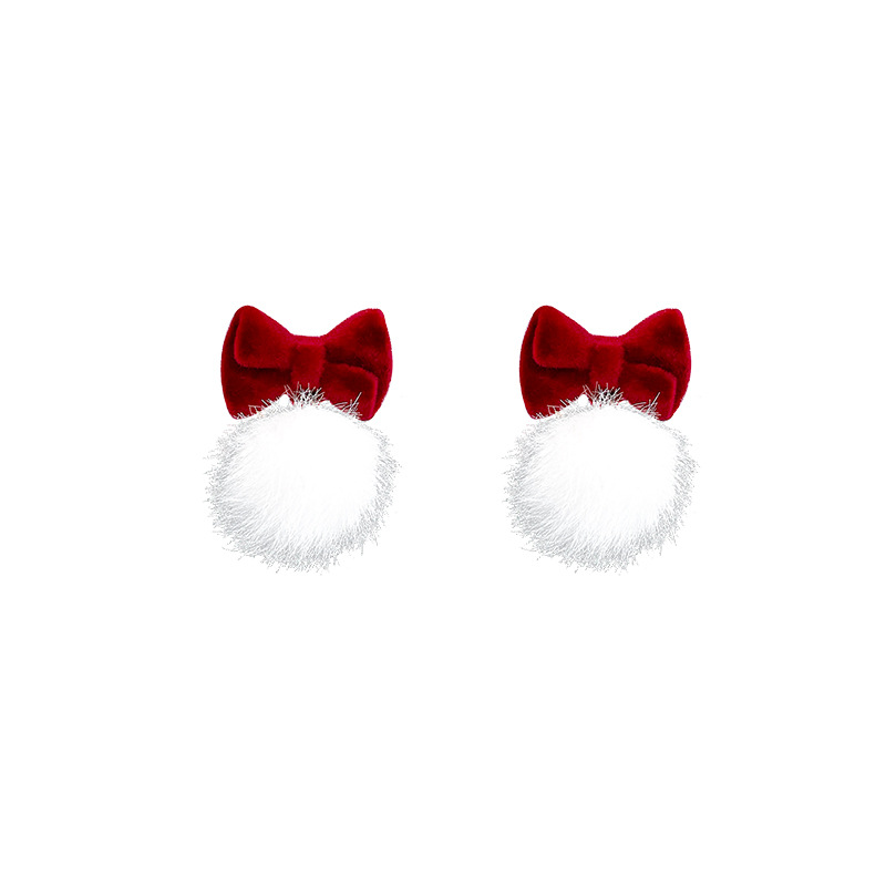 New Year and Christmas retro red earrings 2025 New style bestsellers autumn and winter fur ball stud design bow earrings Item Picture