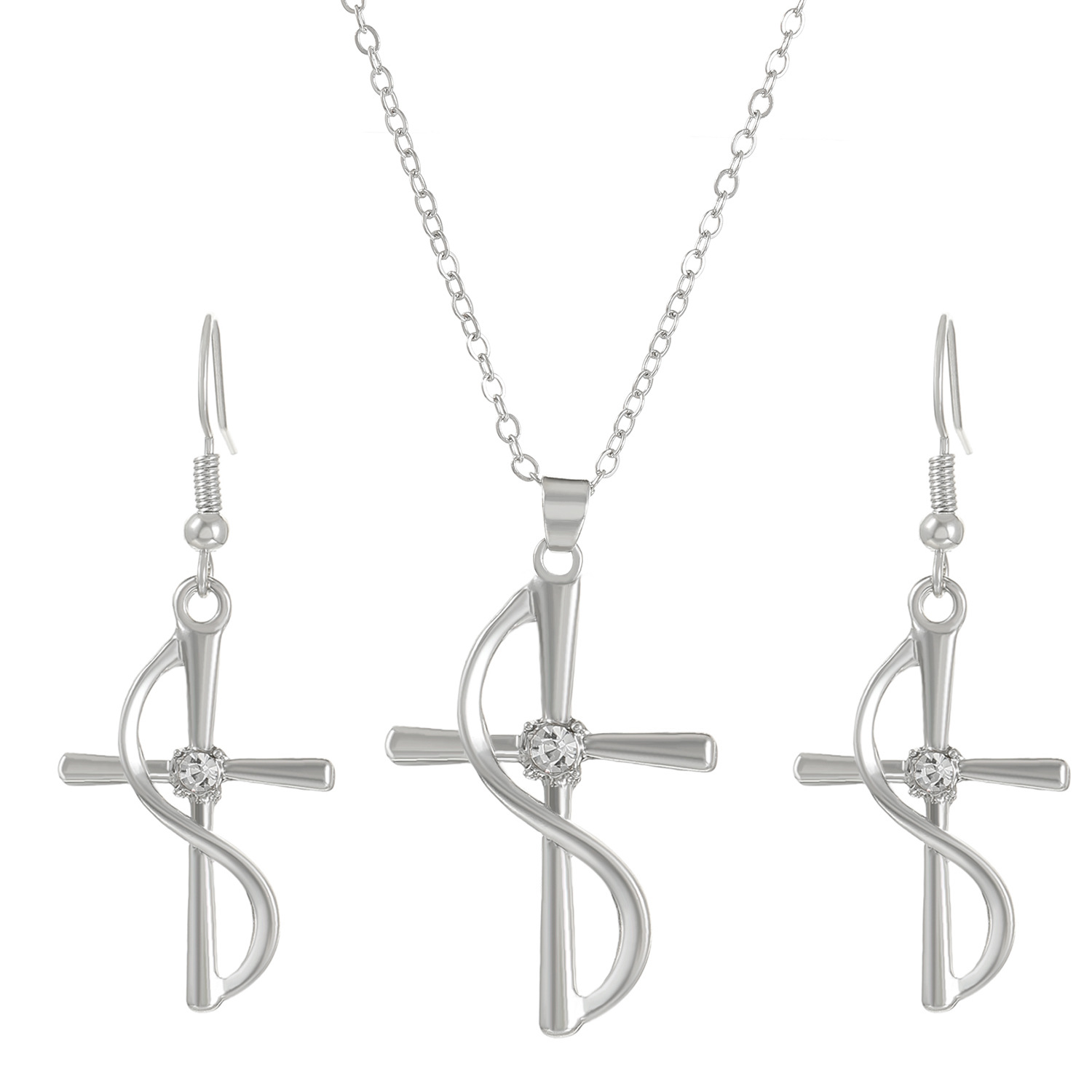 Cross-border best-selling jewelry, elegant cross pendant earrings, cold diamond-encrusted necklace earrings set, factory direct sales full figure